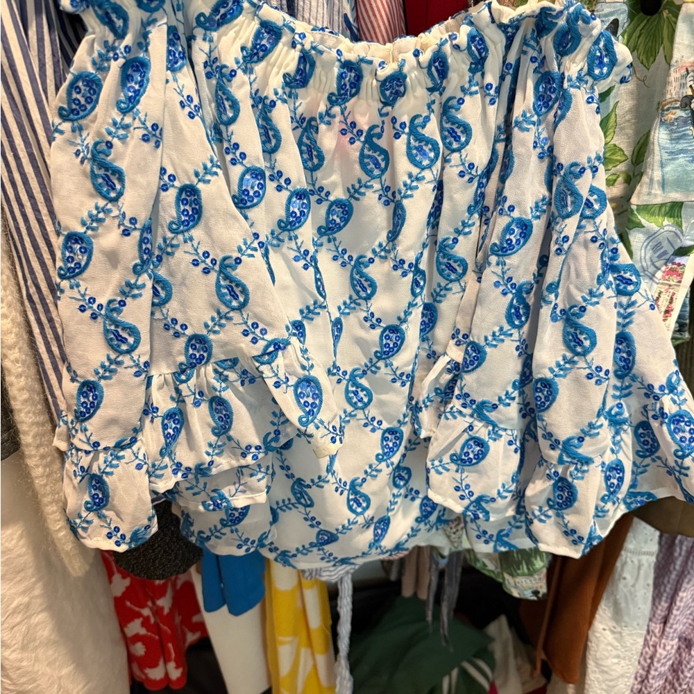 Lilly Pulitzer Blue and White Paisley Off-Shoulder Top